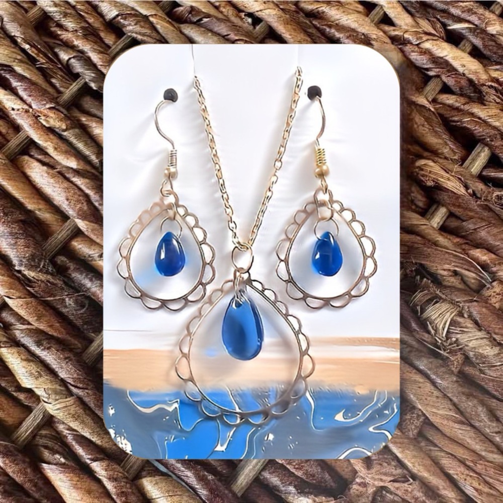 New Handmade Gold-Tone and Blue Necklace (24”) and Earrings Set